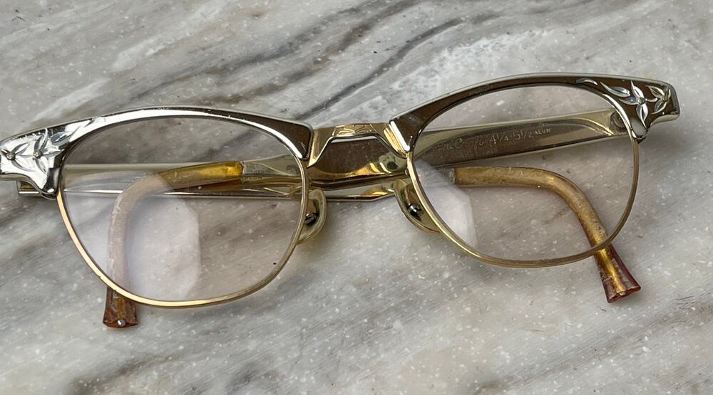 Cat Eye Glasses Art-Craft Gold Aluminum Browline Etched Floral 50s USA Vintage